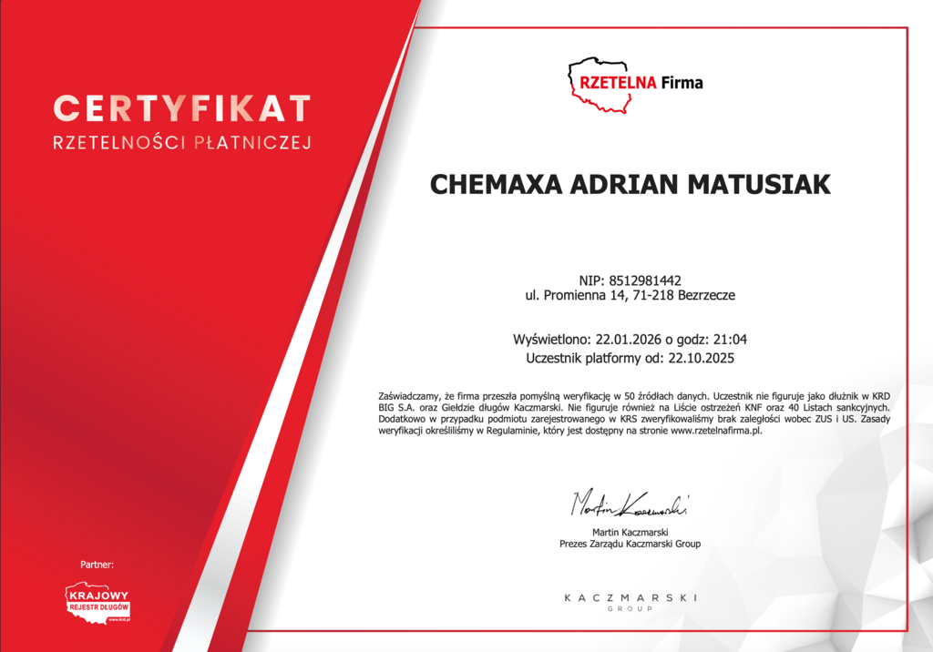 Certyfikat rzetelności płatniczej Rzetelna Firma dla CHEMAXA